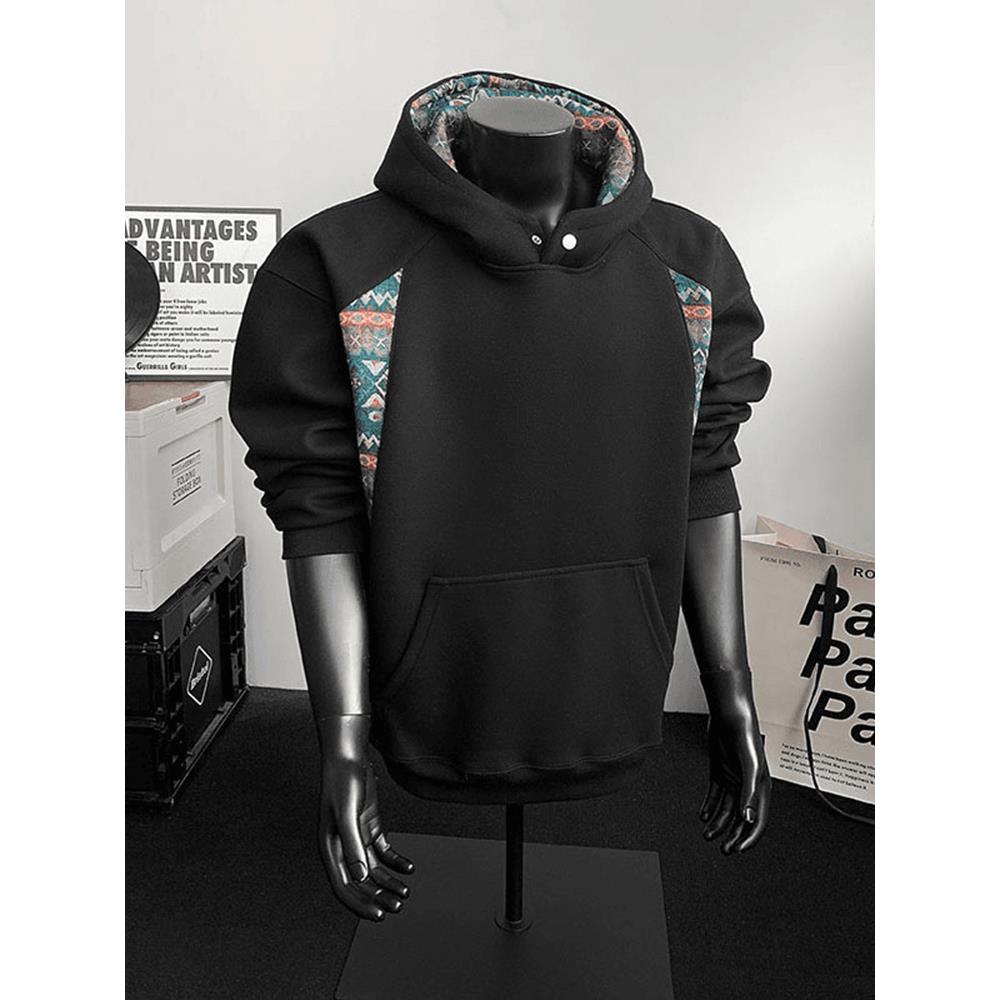 黑色重磅高领连帽卫衣男款春秋民族风刺绣拼接设计感长袖帽衫上衣