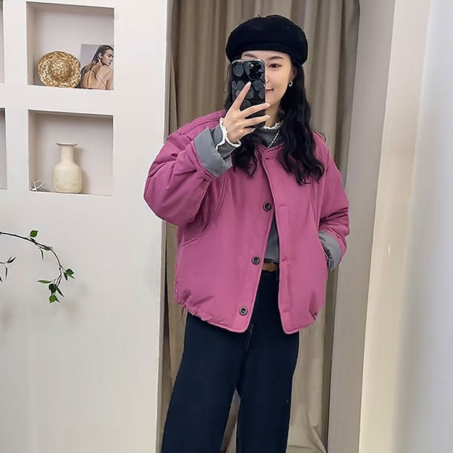 2025秋冬新款圆领单排扣拼色夹棉外套女时尚休闲宽松百搭棉服上衣