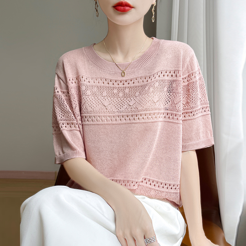 【现货宠粉】新款女夏季短袖针织衫宽松套头薄款小众法式套头薄打底