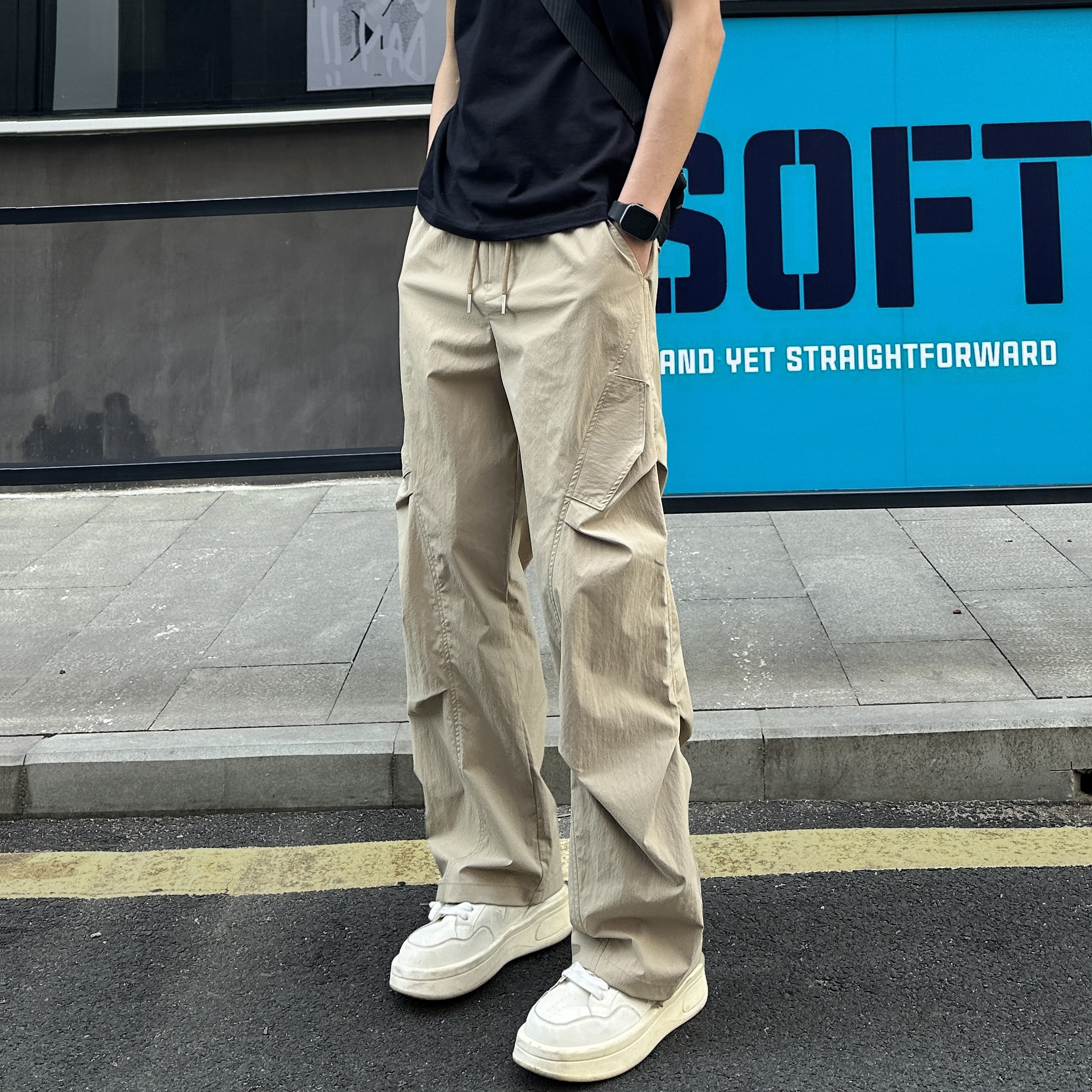 QUALCOMM秋冬加厚美式户外冲锋工装裤男女同款新款皱感直筒休闲裤