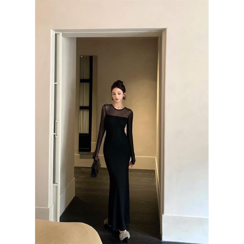 性感网纱拼接修身显瘦连衣裙带胸垫#A814