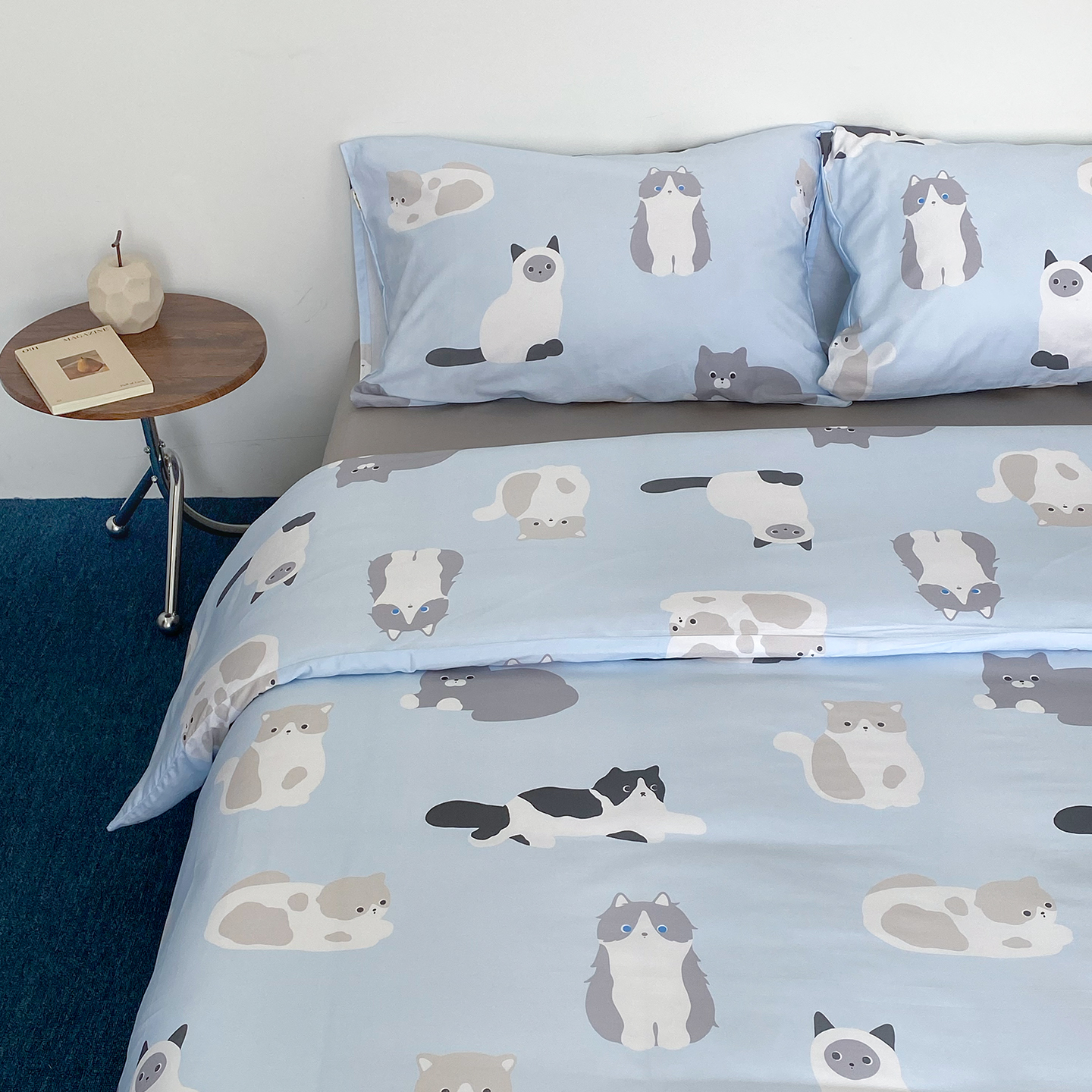 猫社区 原创小众漫画60支长绒棉四件套床单被套全棉三件套盐系蓝