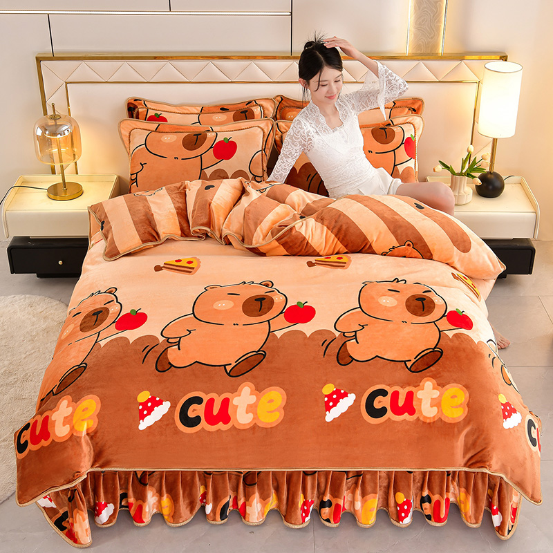 8斤高克重牛奶绒四件套加绒保暖柔软细腻床裙被套床上用品