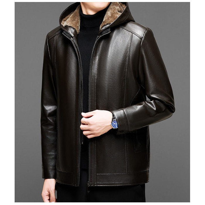 海宁爆款男士秋冬可脱卸帽款真皮休闲商务百搭高档加绒皮衣外套1