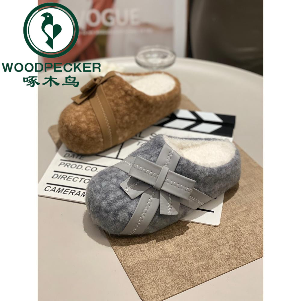 啄木鸟2025时尚毛绒勃肯鞋女冬外穿包头拖鞋一脚蹬保暖厚底懒人鞋