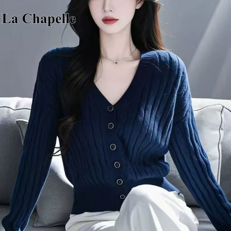 拉夏贝尔秋季新款时尚藏蓝色v领长袖针织开衫女韩系洋气减龄上衣
