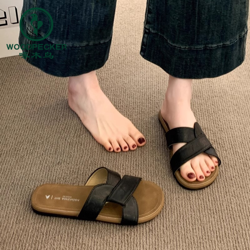 啄木鸟法式绝美凉拖鞋女外穿2025新款爆款配裙子沙滩海边平底凉鞋