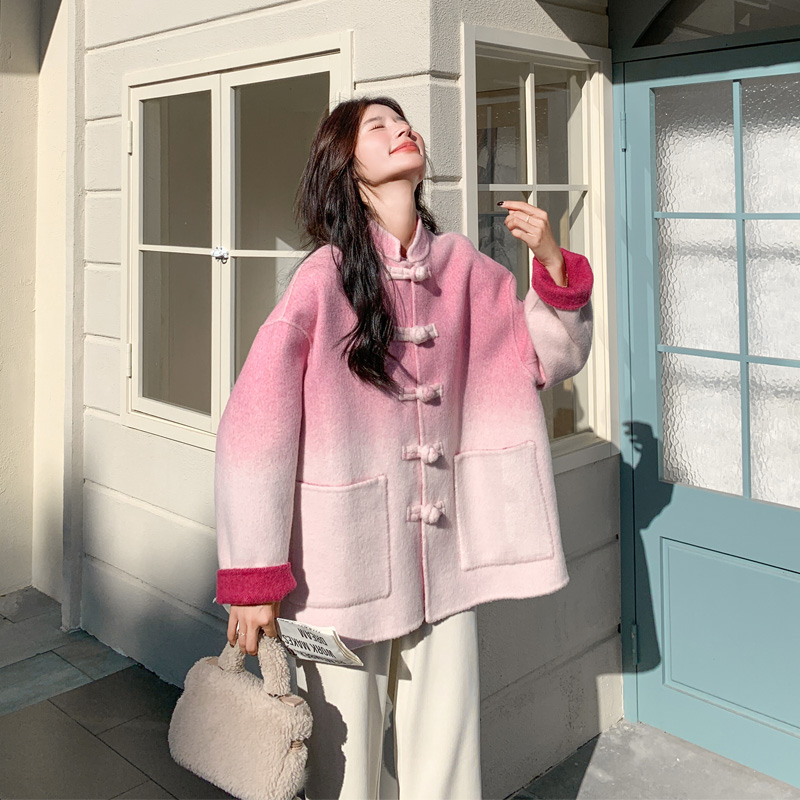 新中式渐变晕染双面呢短外套2025冬季新款国风氛围感盘扣呢子大衣