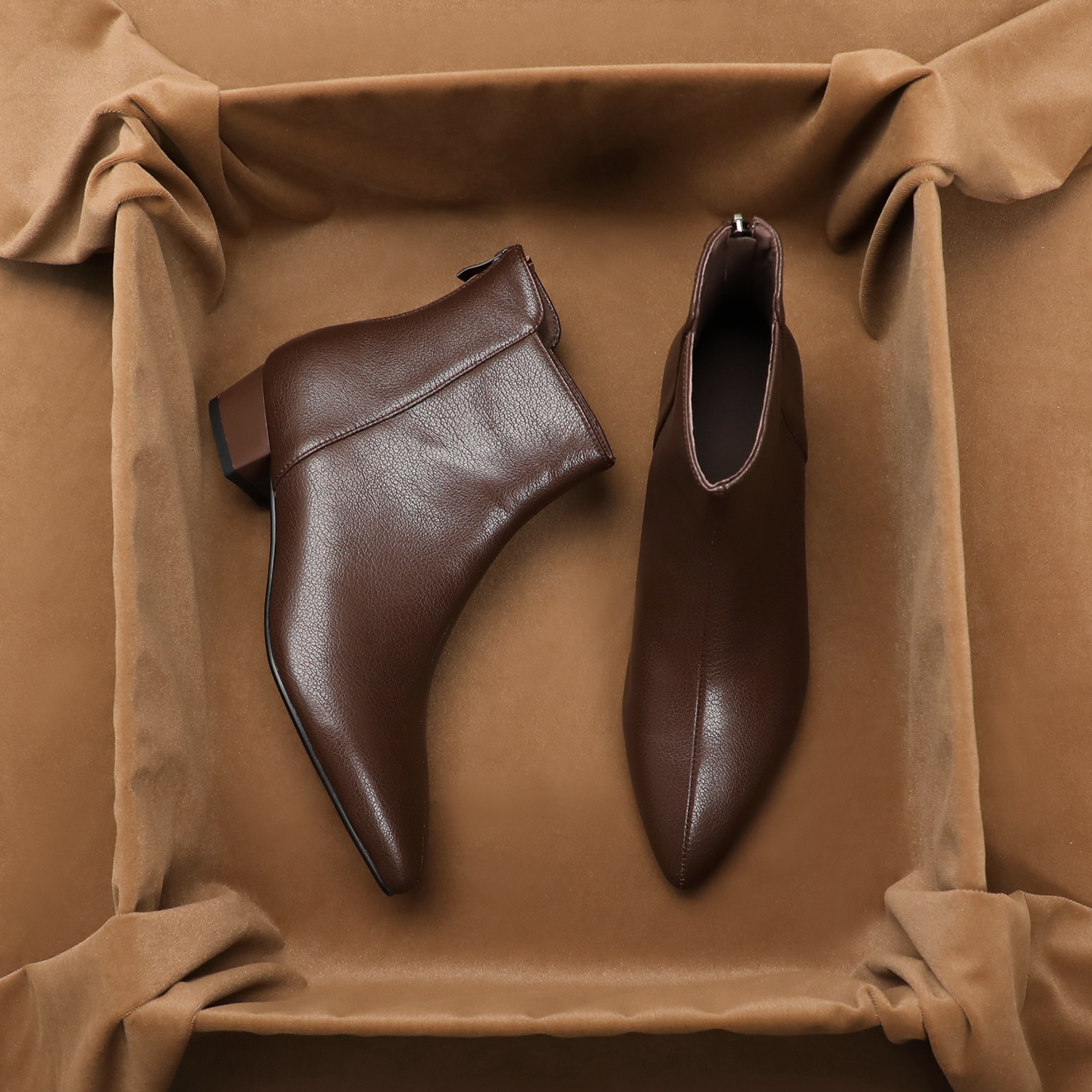 高档时尚舒适羊皮粗跟软皮短靴女瘦瘦靴秋冬加绒法式尖头马丁靴潮