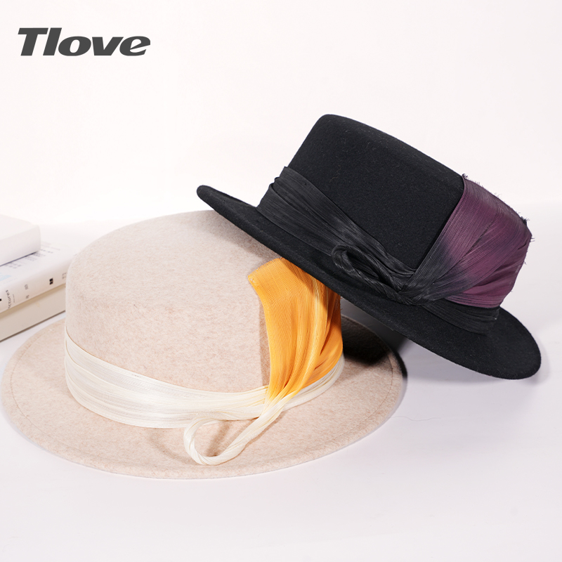 9856英伦复古平顶帽女士秋冬季新款渐变真丝麻平沿帽洋气羊毛礼帽