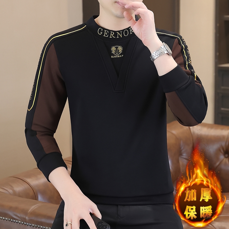 高档欧货圆领拼接加绒卫衣男士秋冬潮流时尚打底衫体恤男装7831