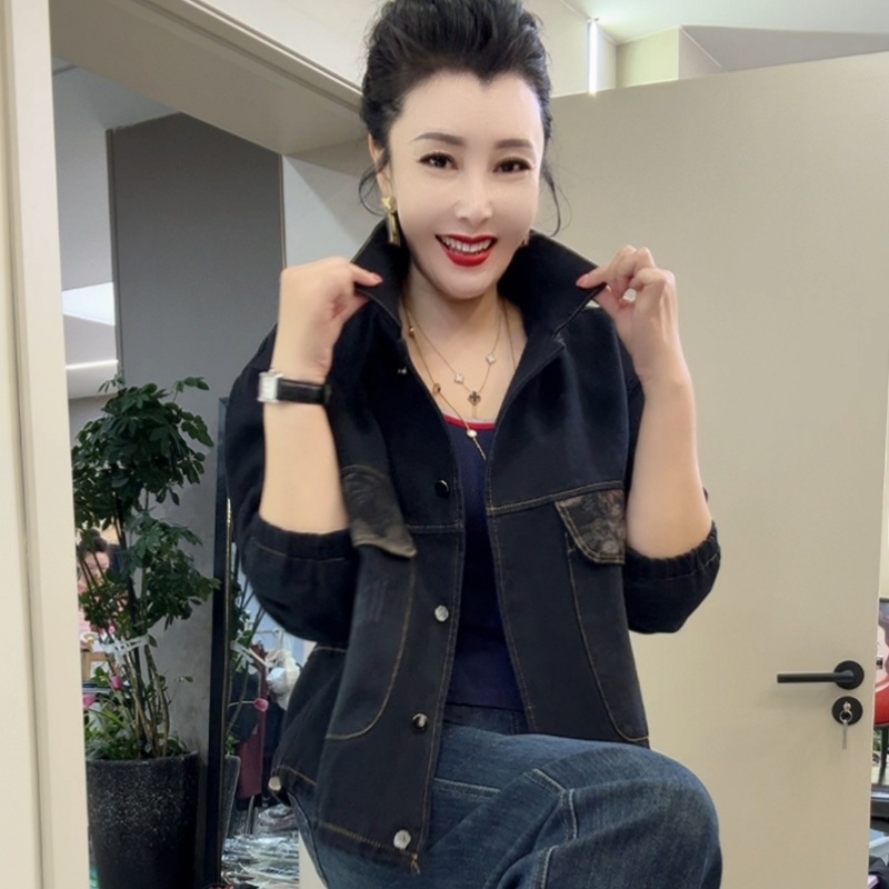 12常规拼接春秋短外套牛仔黑色翻领时尚女宽松型2025年秋季网红