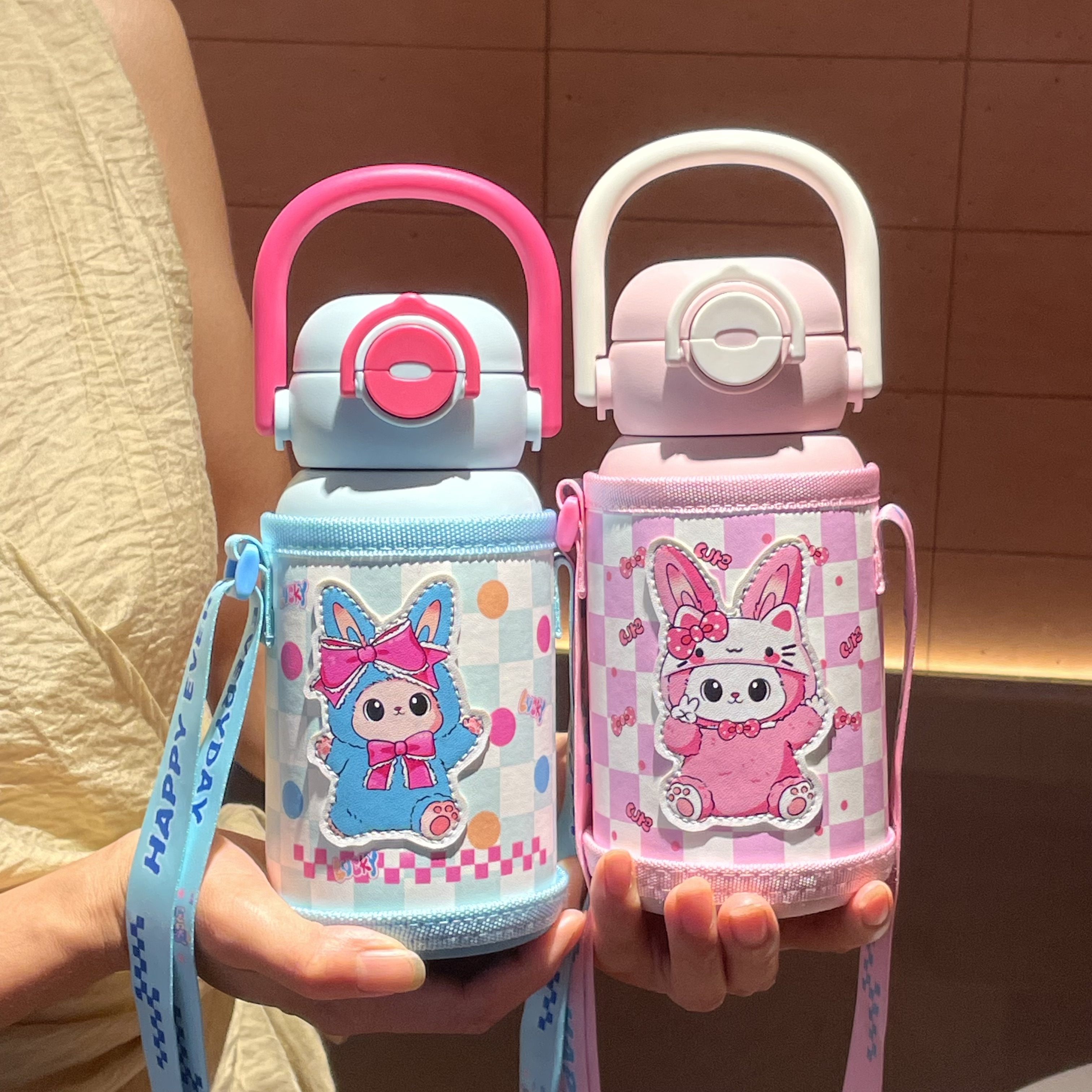 啦布布双饮316不锈钢可爱便携卡通保温杯提手运动提手学生水杯