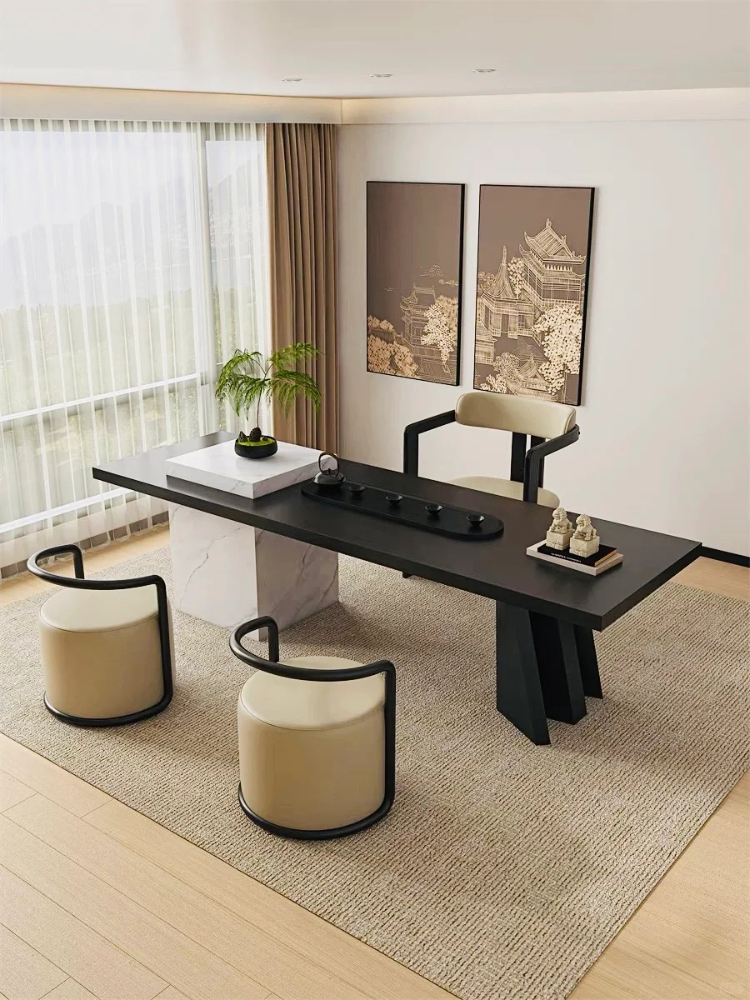 新中式黑色原木现代简约大板茶桌椅组实木家用客厅茶室岩板泡茶台