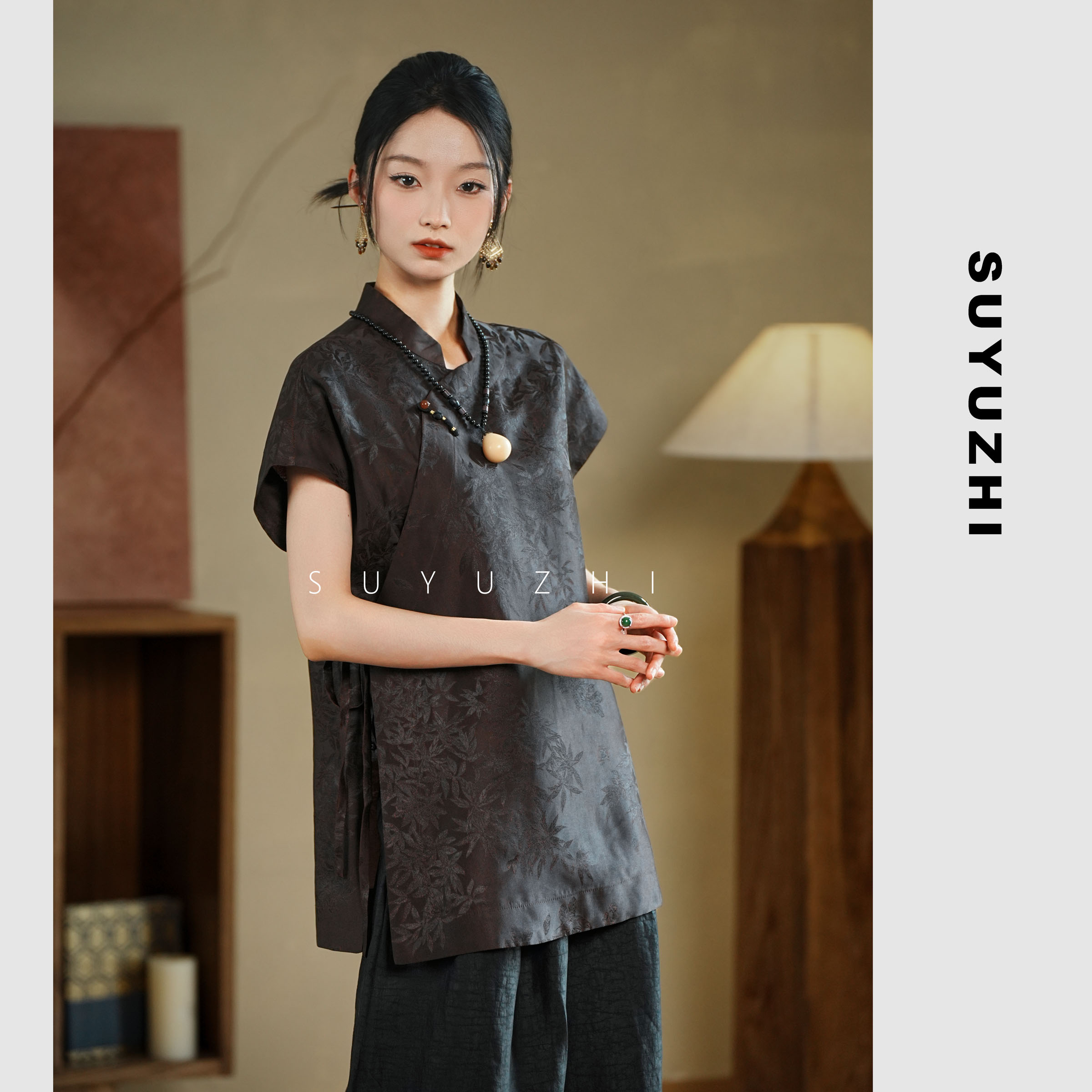 【直播同价】香云纱上衣暗纹提花中式立领斜襟开衫香云纱年轻款女装