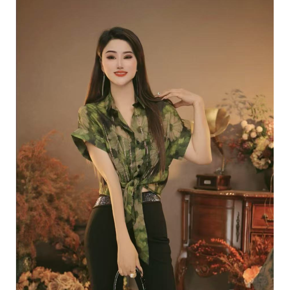 吴华8501夏季新款时尚百搭宽松显瘦衬衫女短袖系带上衣潮