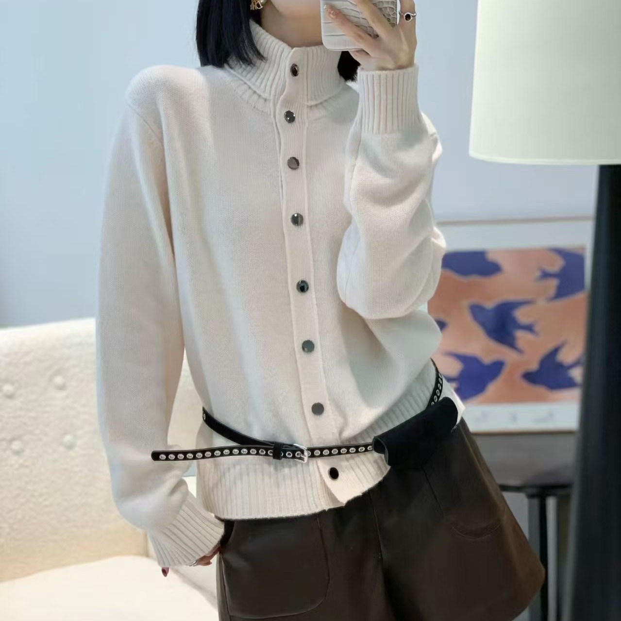 瑞丽毛衣百分百羊毛针织开衫女上衣秋冬新款暗扣可叠穿竖领