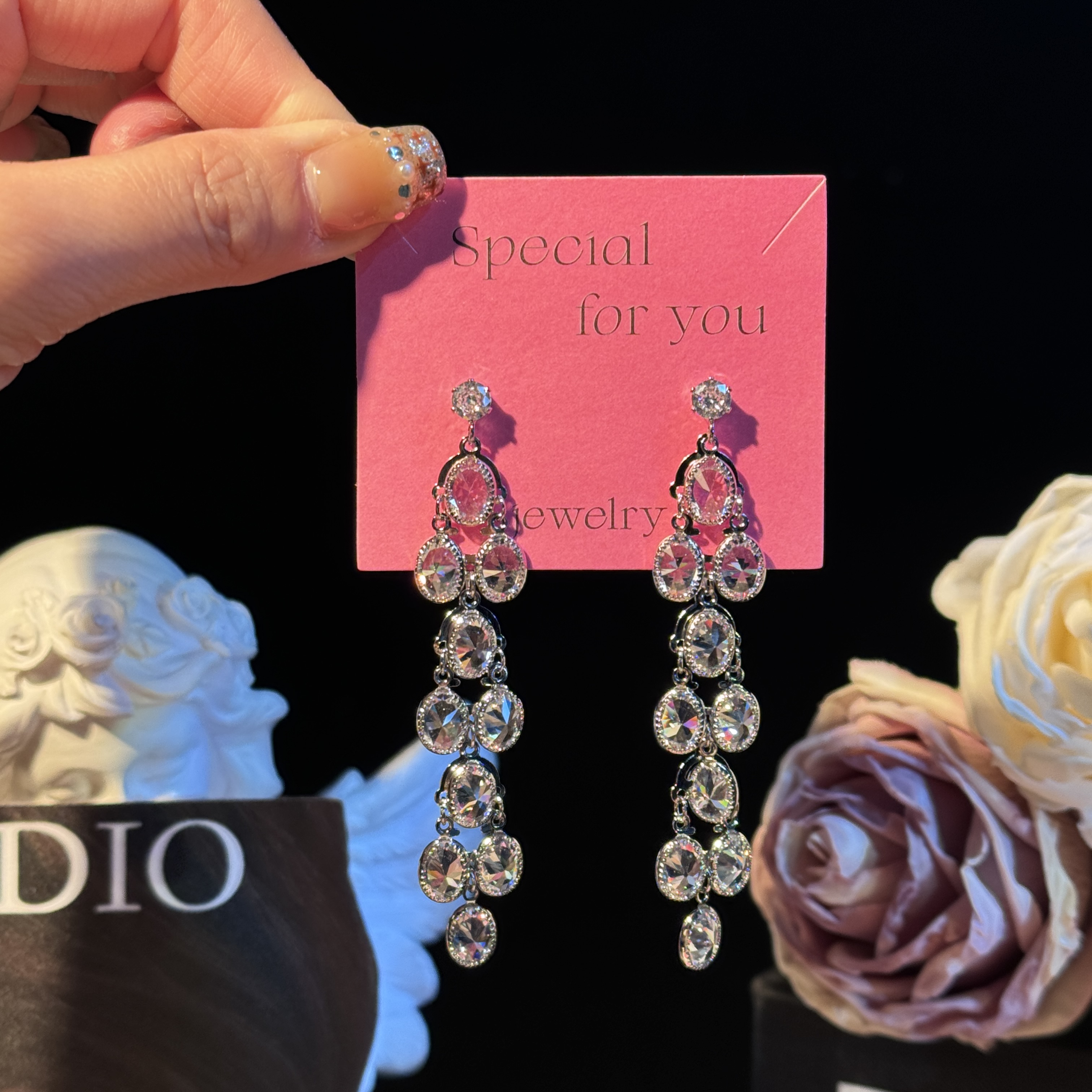 铜合金耳饰 初夏】超闪锆石长款流苏耳环气质轻奢时尚重工耳坠耳钉