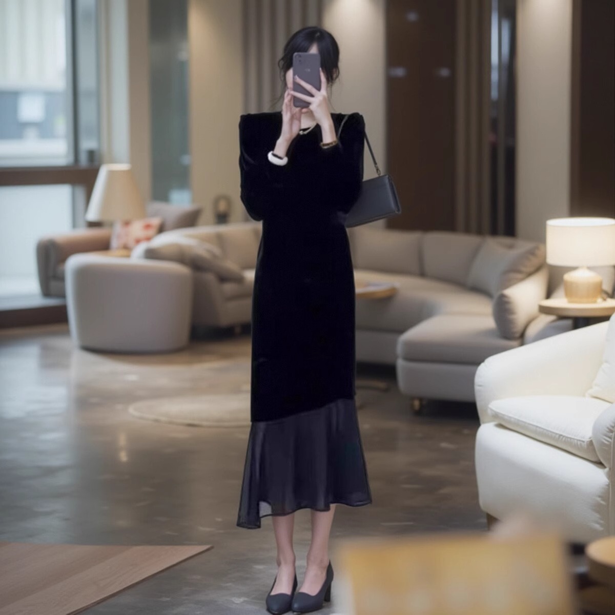 春季千金穿搭圣诞礼服小黑裙子女鱼尾拼接金丝绒赫本风法式连衣裙