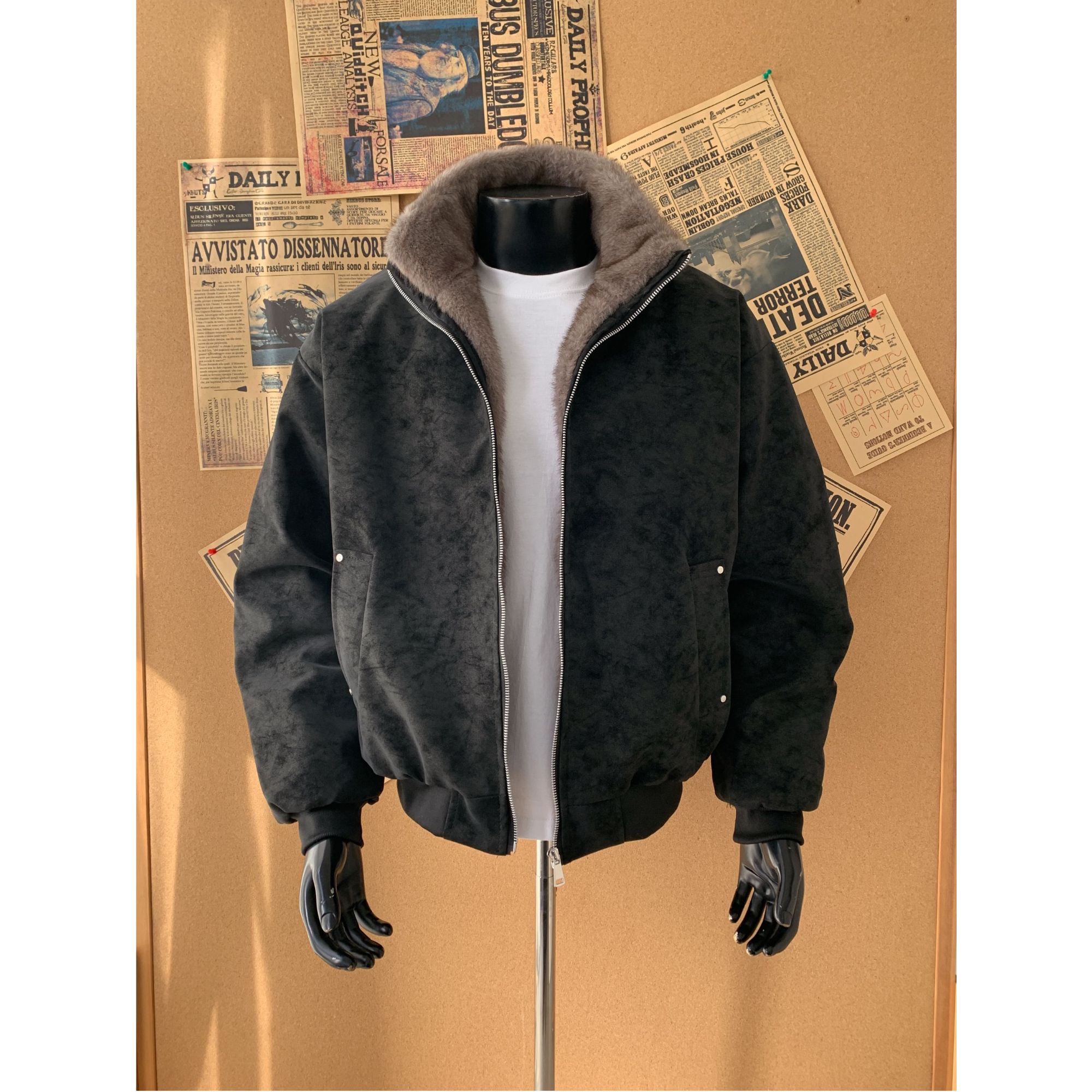 美式复古重磅仿双色貂毛棉衣男款冬季高街痞帅加厚保暖座山雕外套