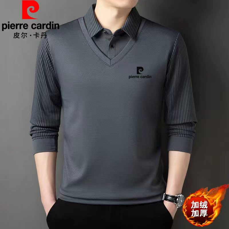 皮尔卡丹加绒桑蚕丝长袖Polo衫男士冬百搭打底中年假两件翻领时尚
