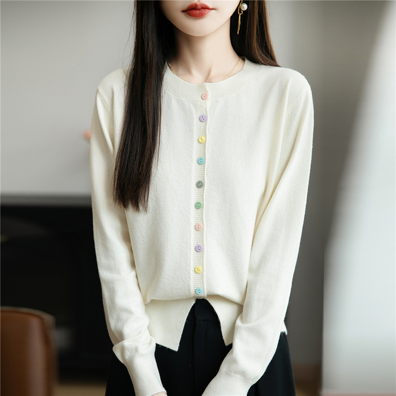 哥弟阿玛施正品新款圆领法式彩扣针织开衫长袖毛衣薄款日奢风上衣