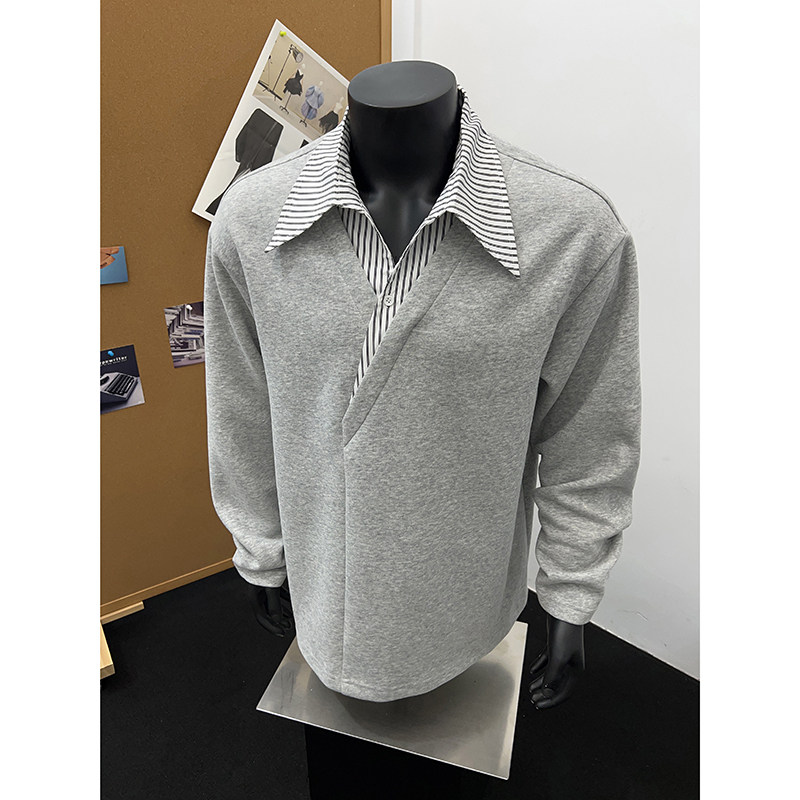 高街美式设计感裁剪翻领假两件长袖T恤休闲宽松春秋秋冬上衣