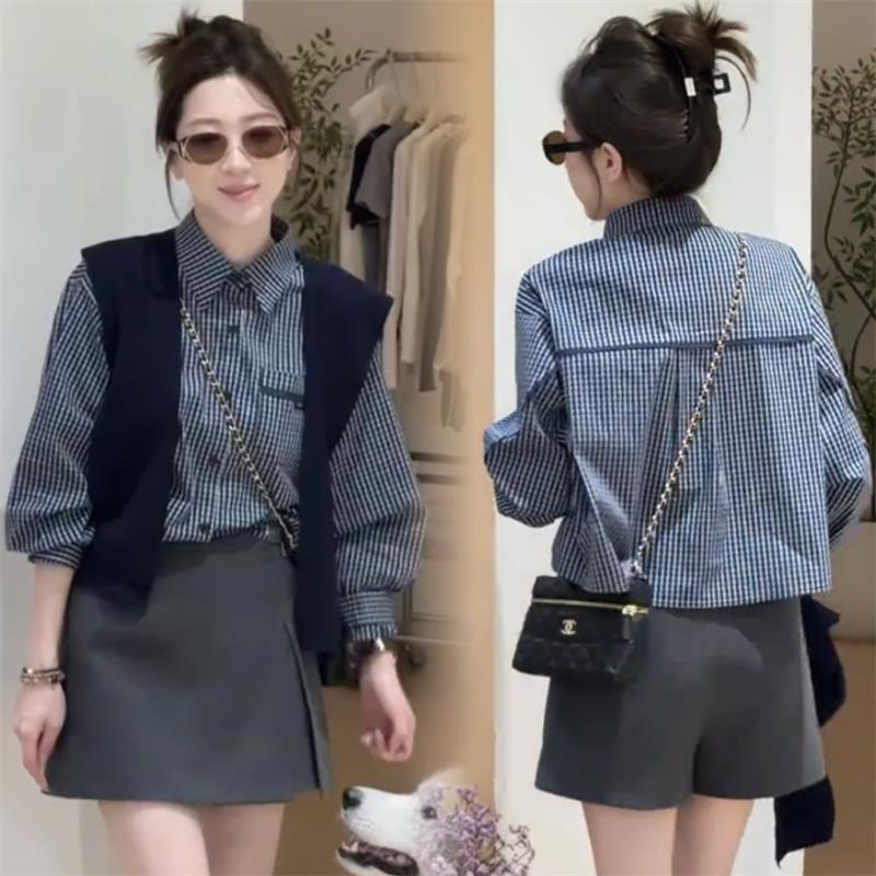 韩系洋气百搭长袖格子衬衫带披肩衬衣女2025早秋新款减龄通勤上衣