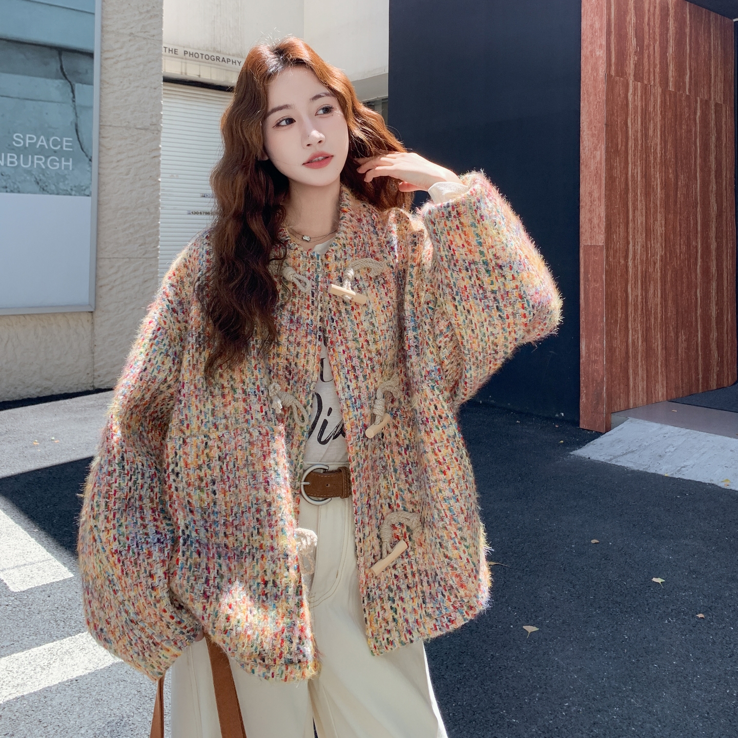巨好看的小香风彩色编织外套女2025新款小个子牛角扣设计感夹克