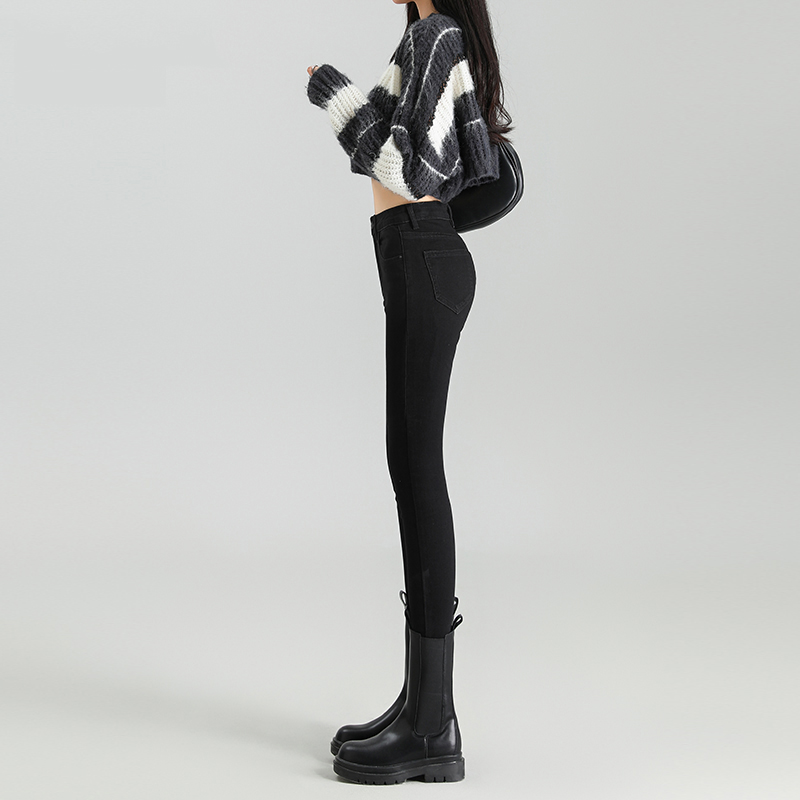 雪千羽2025黑色紧身牛仔裤女小脚裤秋新款高腰弹力加绒加厚铅笔裤