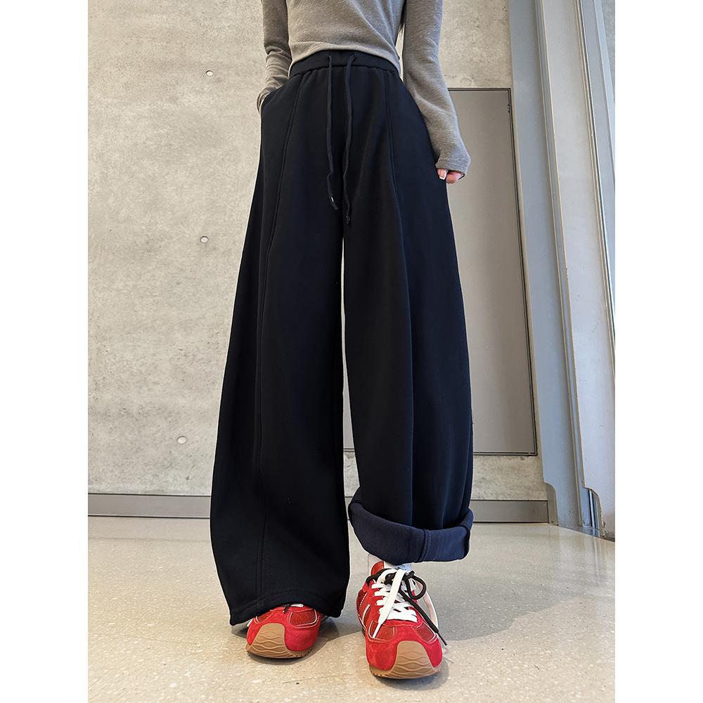 动感少女高级感加绒加厚休闲卫裤女2025秋冬新款阔腿弯刀运动裤子