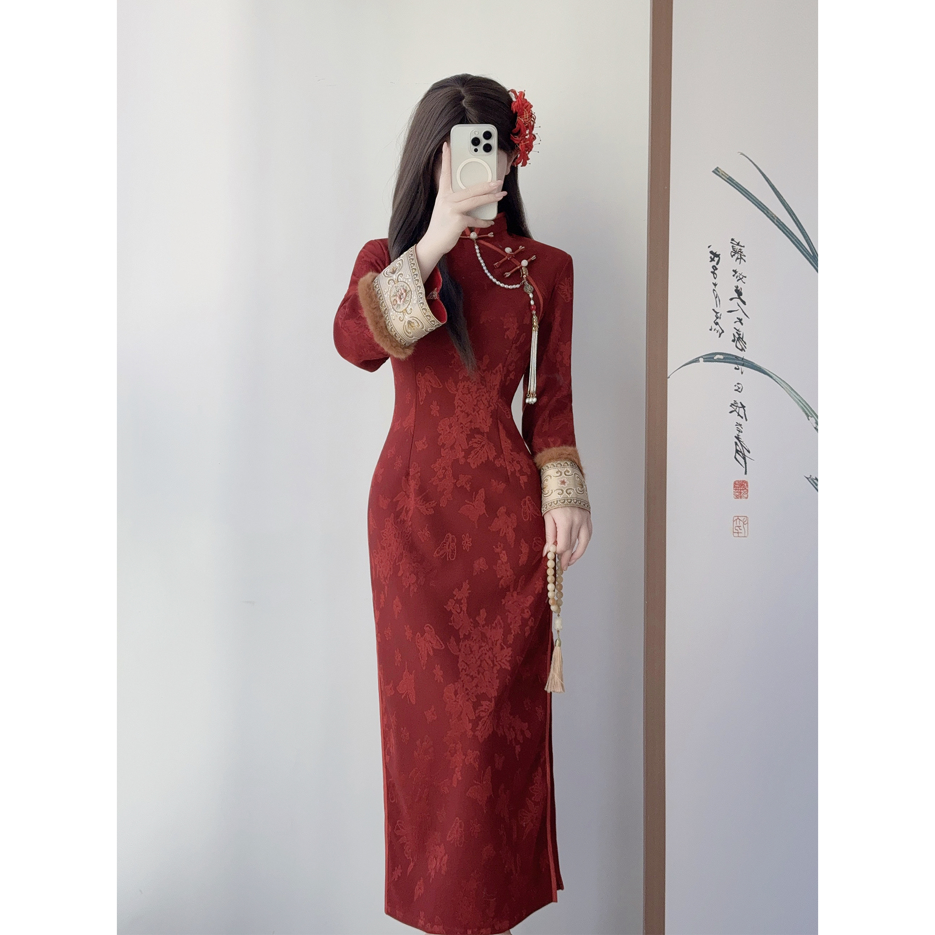 红色复古新中式倒大袖旗袍女2025冬季新款加绒保暖日常可穿年轻款