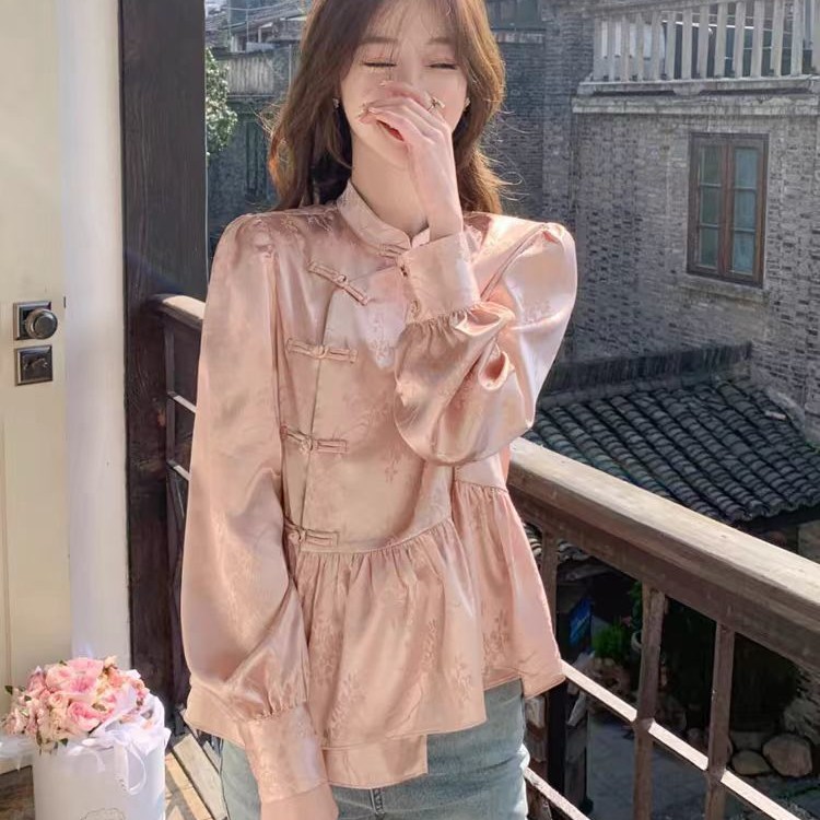 2025早秋季新款新中式国风女装小个子粉色盘扣衬衫上衣设计感小众