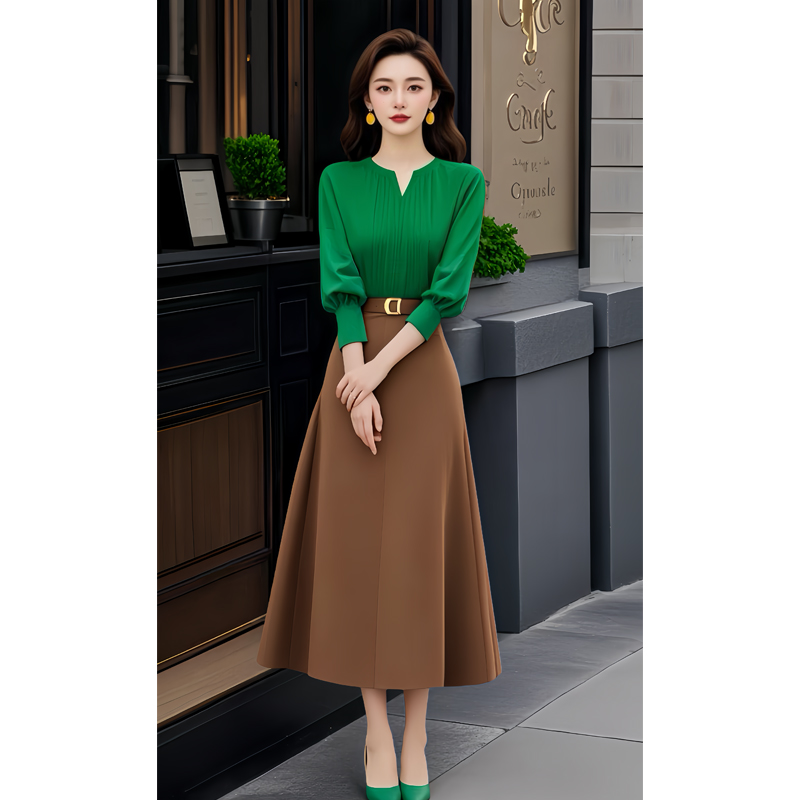 春季穿搭一整套盐系轻熟炸街时尚高级感小洋装绿色上衣半身裙套装