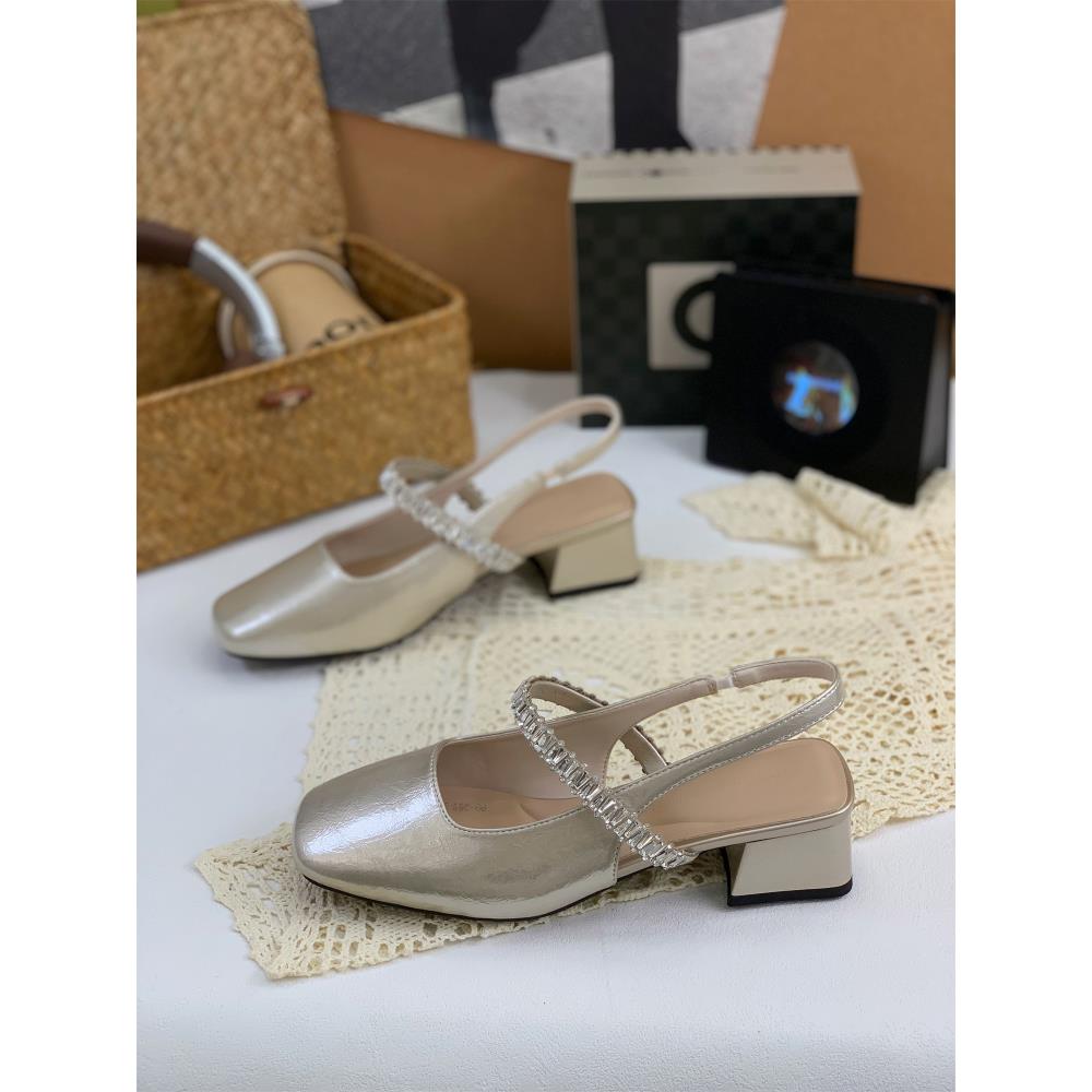 仙女风格莱茵石绑带包头凉鞋女士夏季新款厚跟裙气质玛丽简鞋