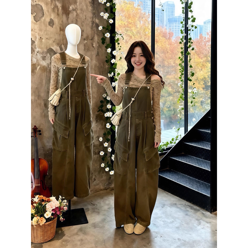 巨好看的早秋一整套韩系慵懒风露肩长袖上衣工装牛仔背带裤套装女