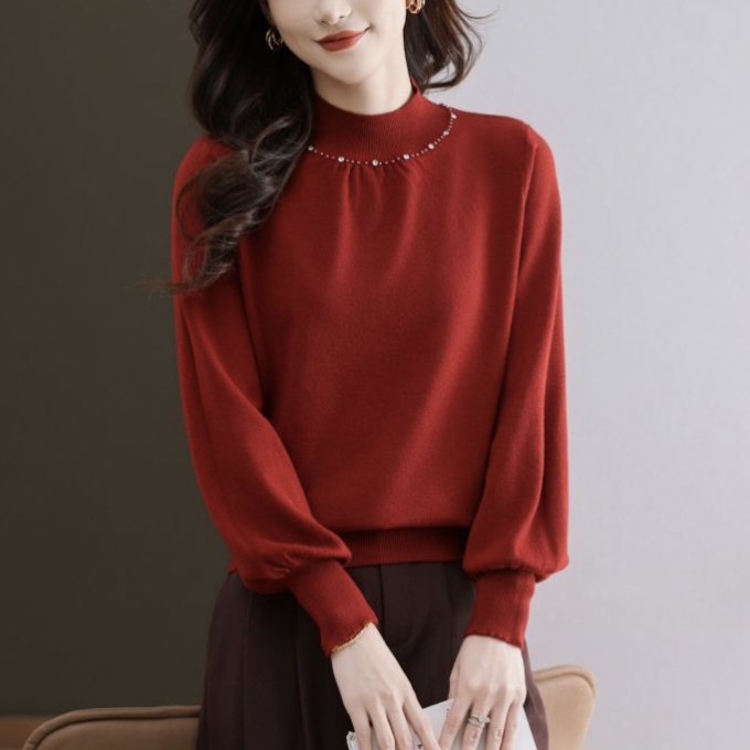 秋冬妈妈半高领毛衫钉珠宽松毛衣针织衫新款洋气中年打底小衫上衣