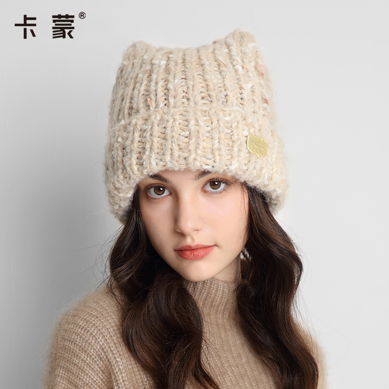 卡蒙 秋冬户外可爱猫耳朵帽子手工编织毛线帽加厚护额针织帽 女款