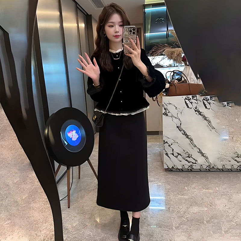 黑色长袖丝绒假两件衬衫半身裙套装女2025新款秋季洋气减龄两件套
