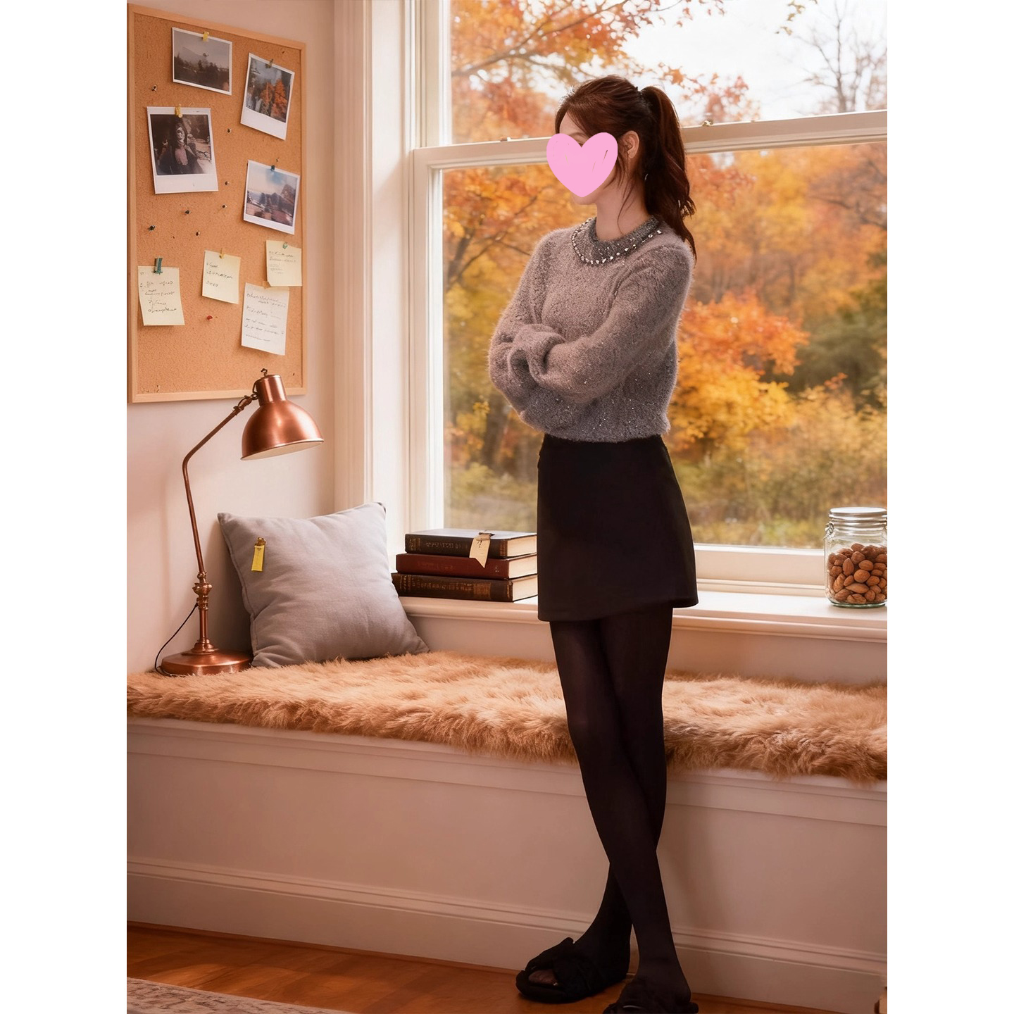 法式小香风灰色软糯慵懒风毛衣女秋冬季款时尚黑色毛呢短裙两件套