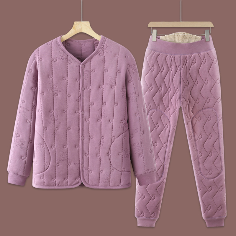 老年人开衫保暖衣加绒加厚冬季妈妈套装女士打底衫中老年棉袄棉裤