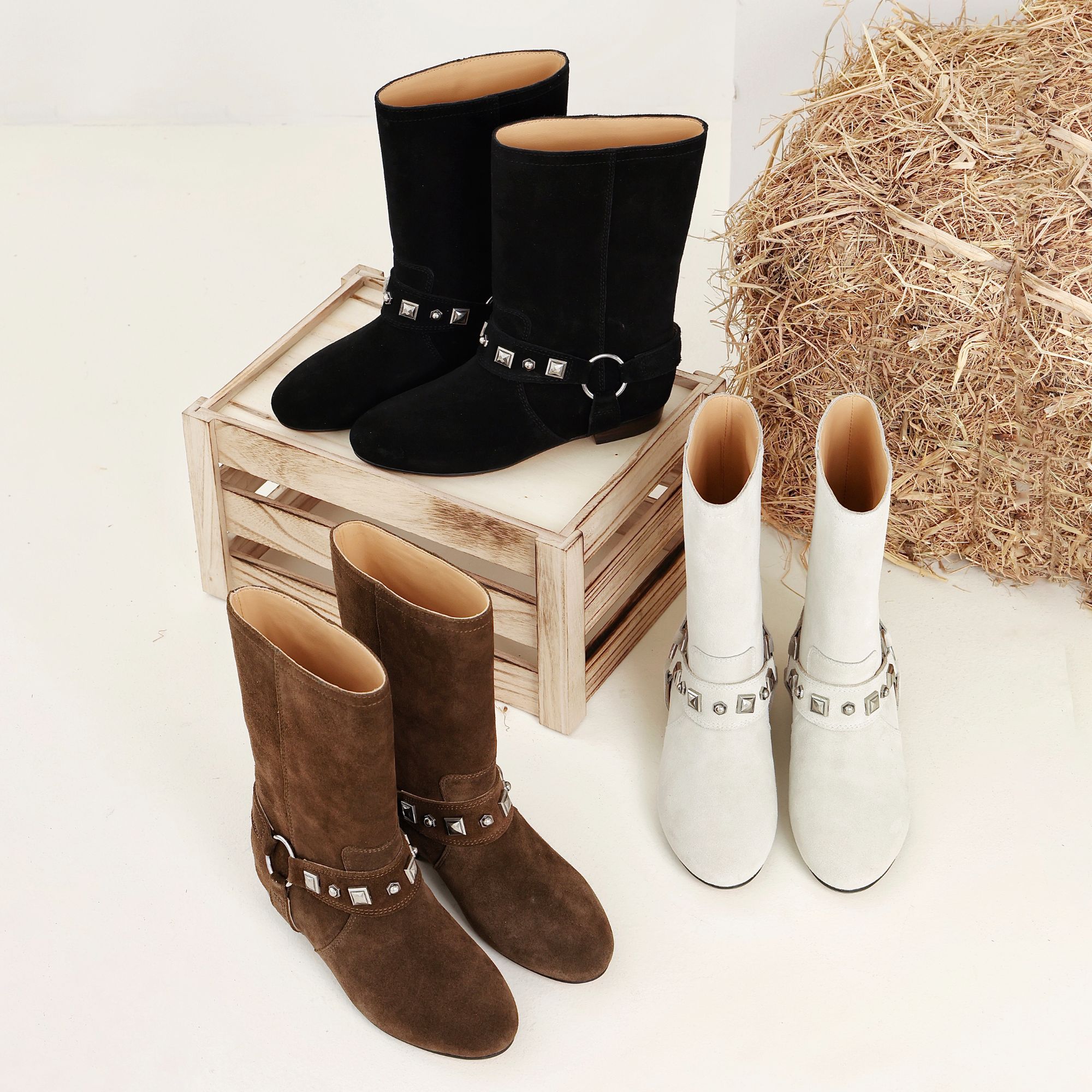 Inking Pot 复古铆钉牛皮中筒靴女圆头西部牛仔短靴轻便直筒靴