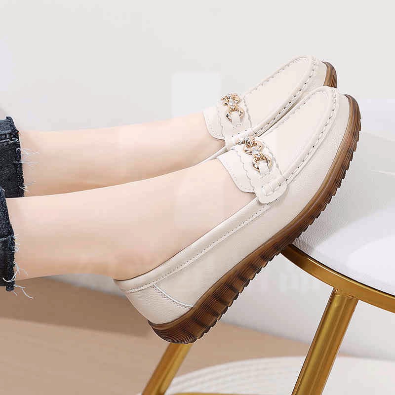 妈妈鞋舒适防滑不累脚皮鞋单鞋女鞋子中老年牛筋底软底真皮豆豆鞋