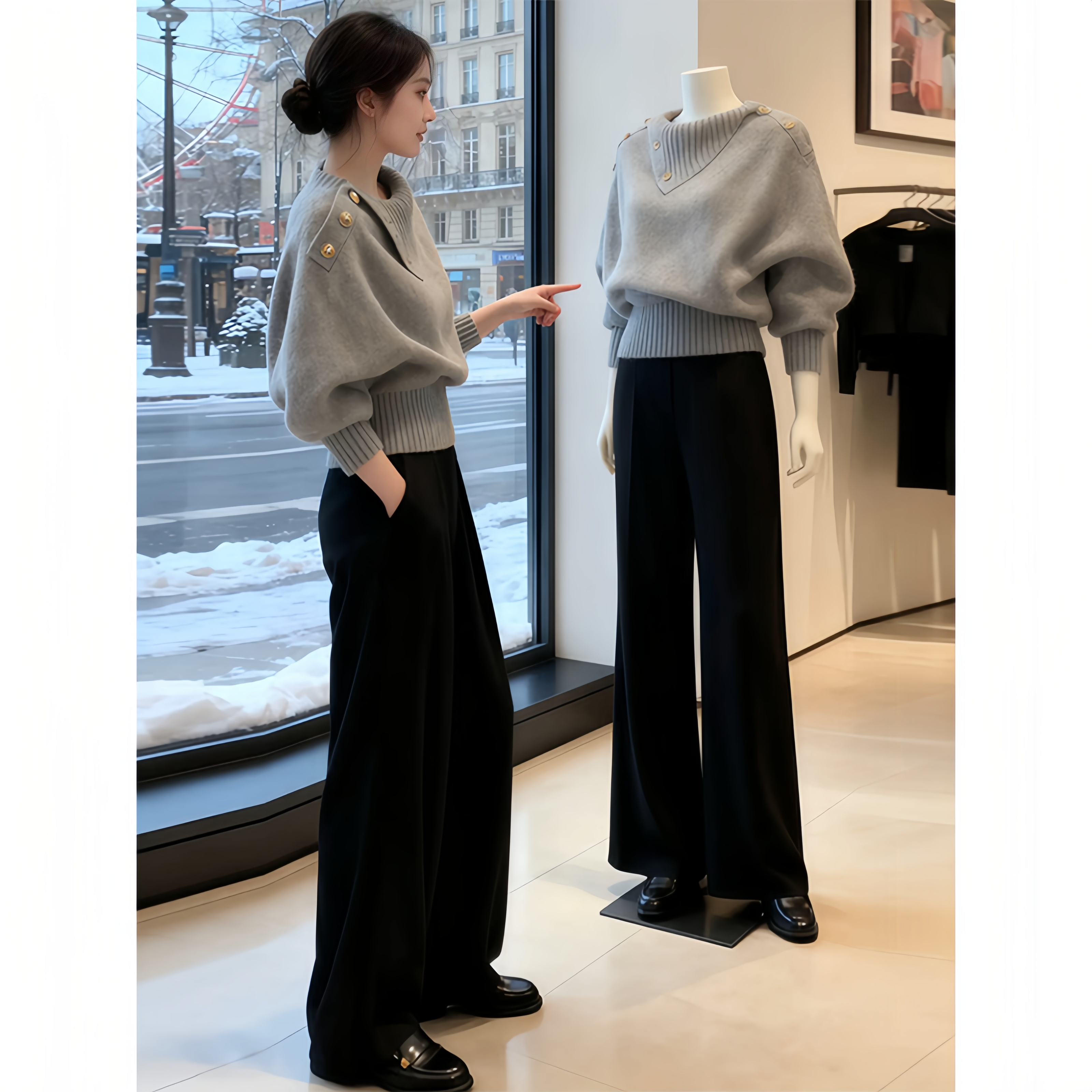 SHALLDOER 潮流设计款针织衫女爆款秋冬季时髦落肩袖气质翻领毛衣