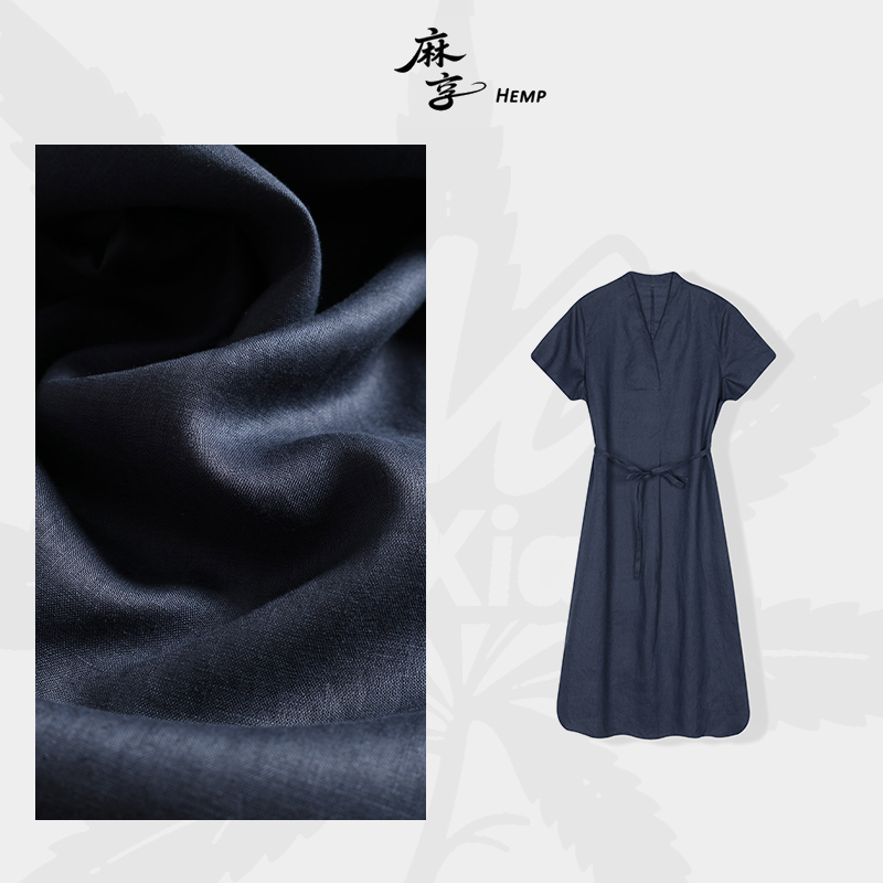 【蓝琉璃】100%汉麻连肩短袖连衣裙收腰V领气质蝙蝠袖长裙FSY50641