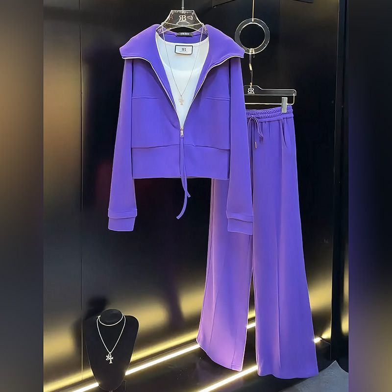 新款春季紫色运动套装女2025时尚减龄拉链开衫两件套春秋休闲穿搭