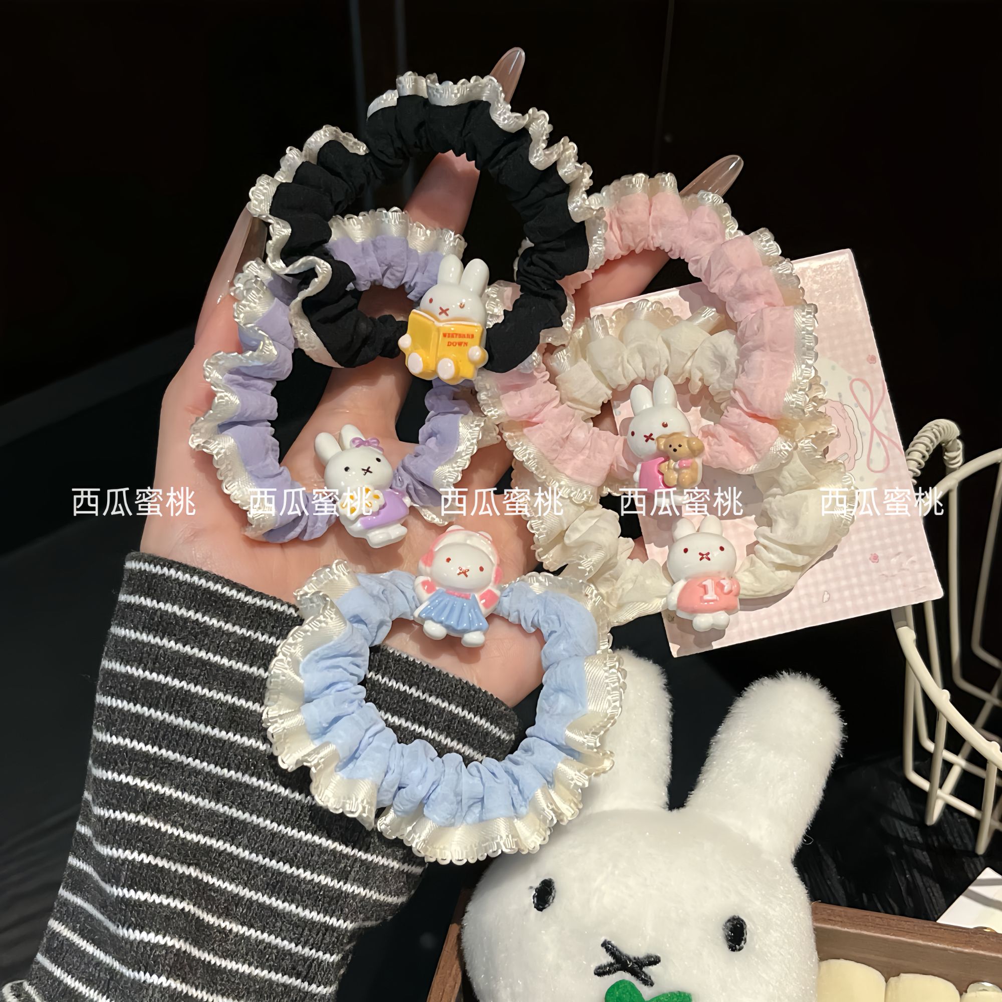 奶油色蕾丝花边发圈ins米菲兔少女甜美马尾小肠圈可爱简约发绳