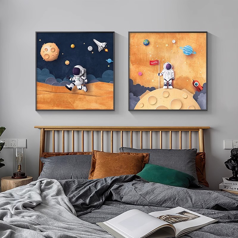 儿童房卧室装饰画男生女孩房间卡通宇航员壁画正方形床头高级挂画
