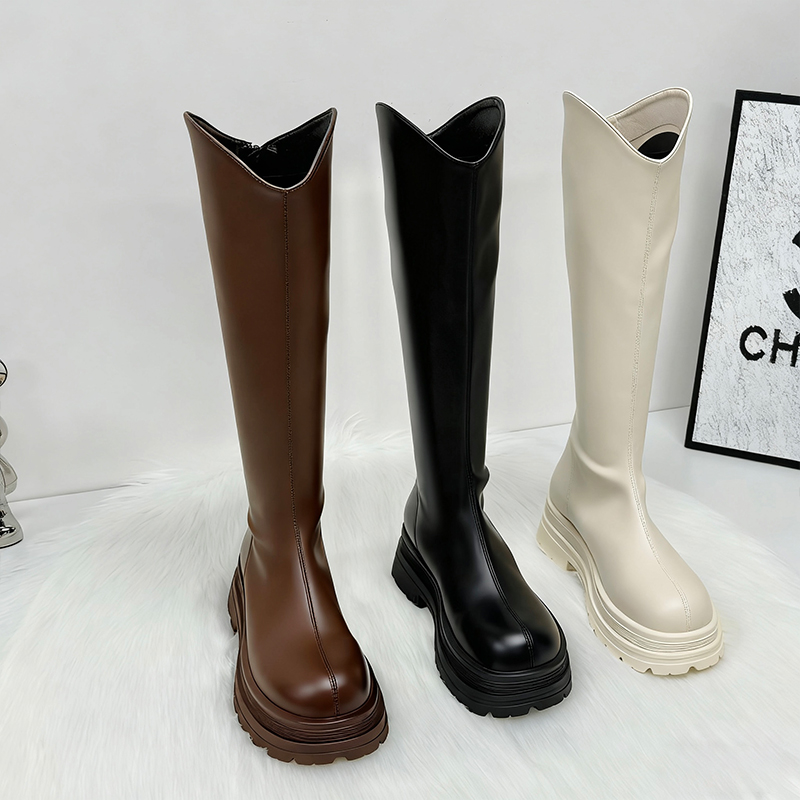 增高5cm 白色V口长筒靴小个子厚底增高长靴2025新款秋冬骑士靴子