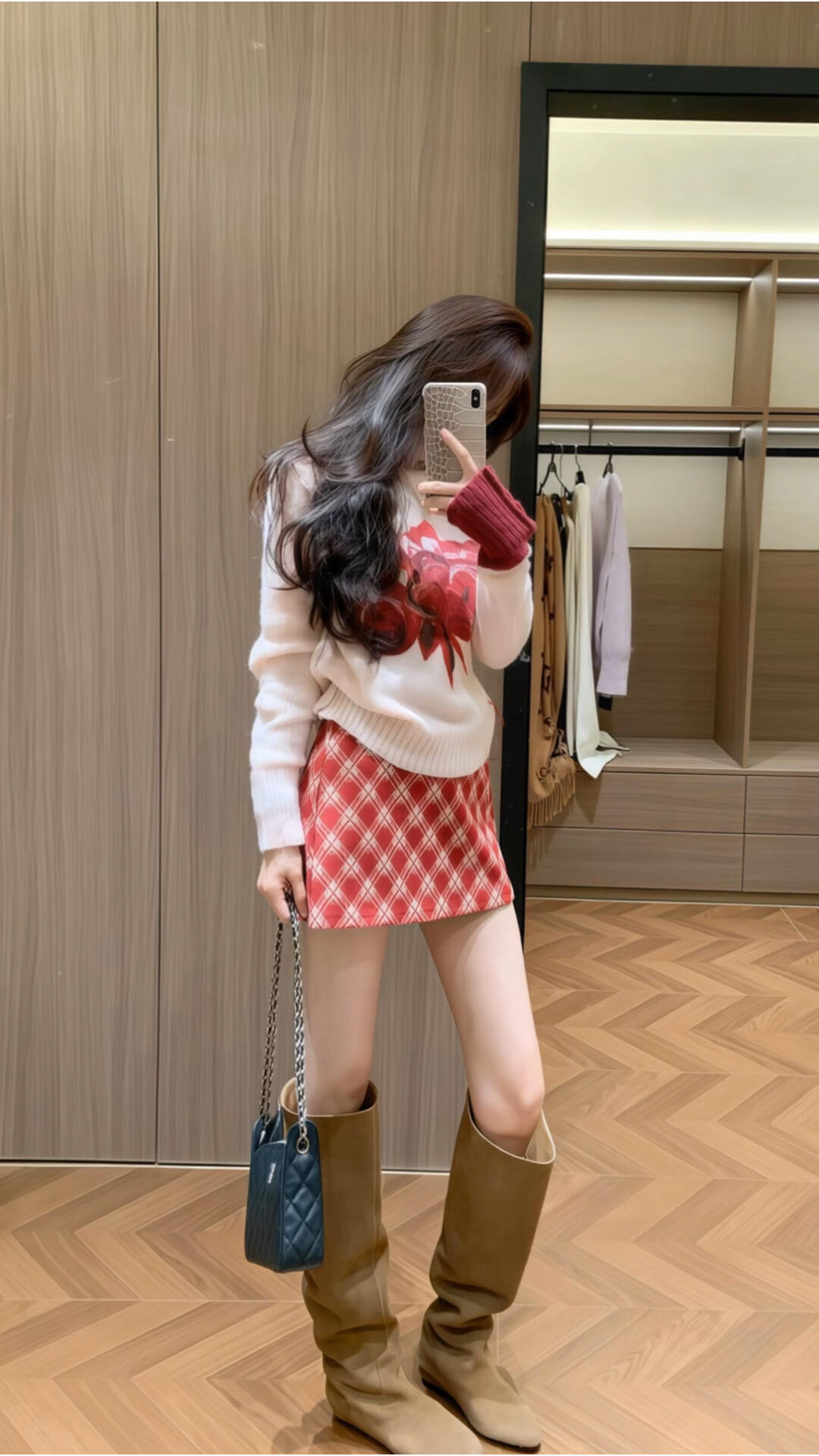 秋季新款韩系复古氛围感甜美风一整套绣花针织衫格纹半身裙两件套